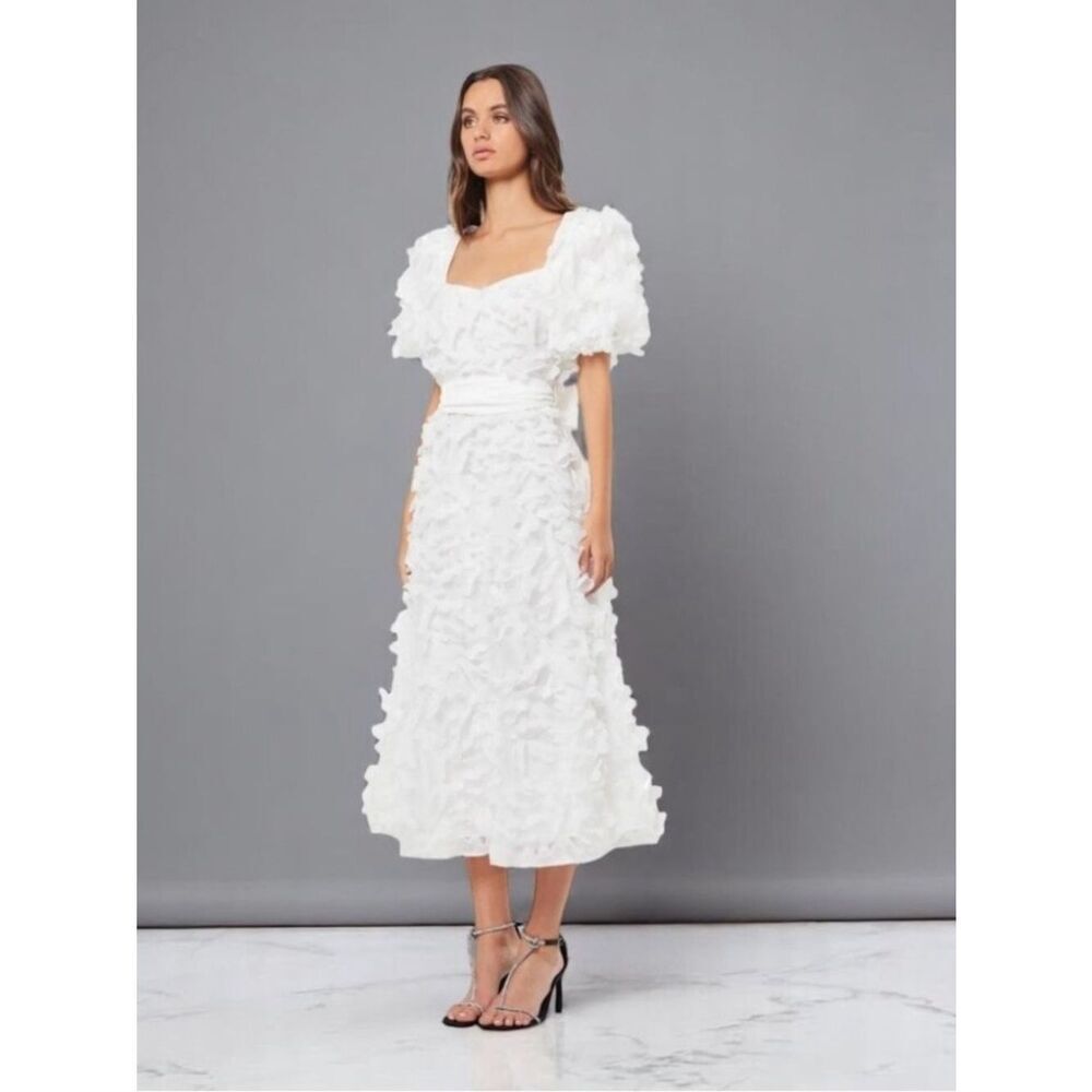 ELLIATT 3-D White Floral Cathy Midi Dress Balloon Sleeve Belt Sz XS NEW